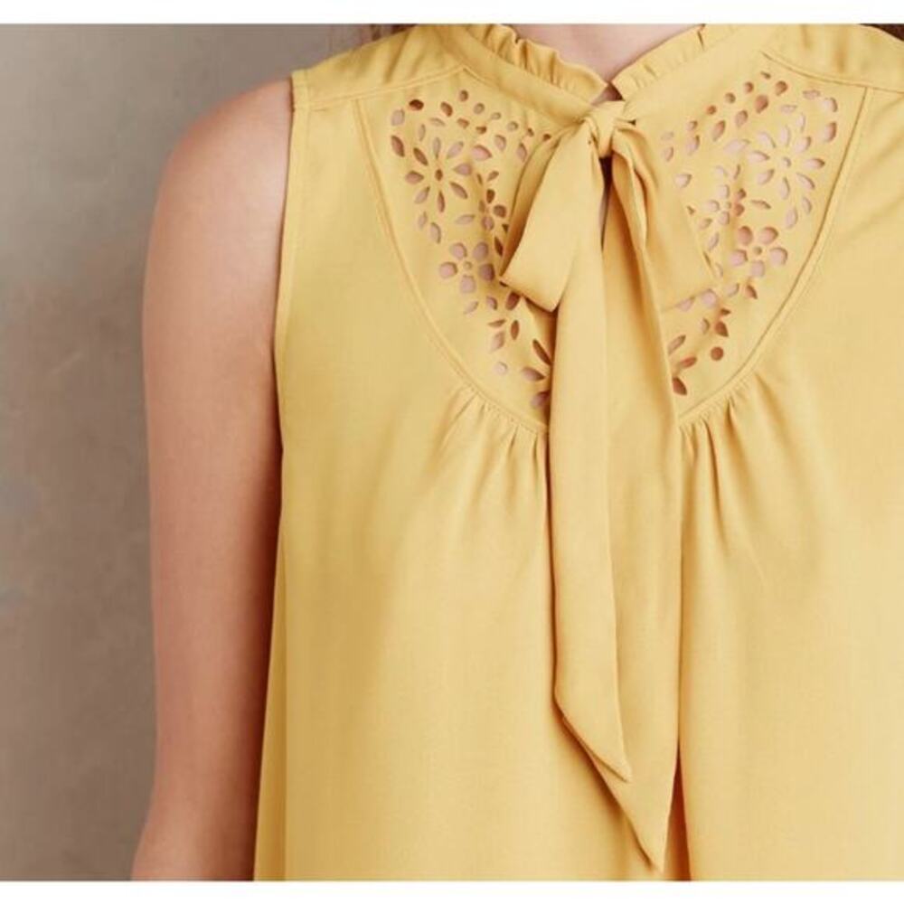 Anthropologie Luca Tie-Neck Blouse‎ by Maeve Medium 10 Yellow Laser Cut - Picture 5 of 8